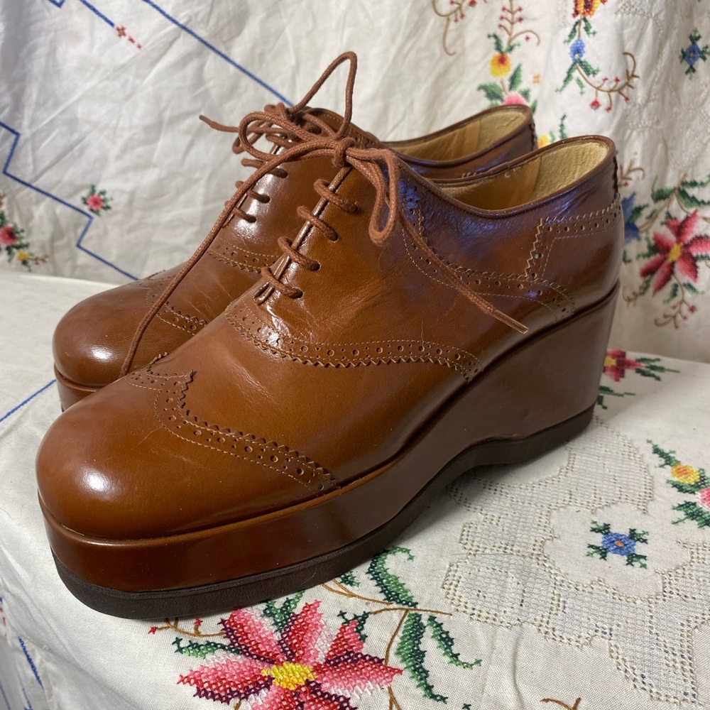 60s/70s VINTAGE BROWN LEATHER OXFORD CHUNKY PLATFORMS